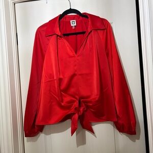 Anne Klein, Ladies Red Satin Tie-Front Blouse. Large. NEW